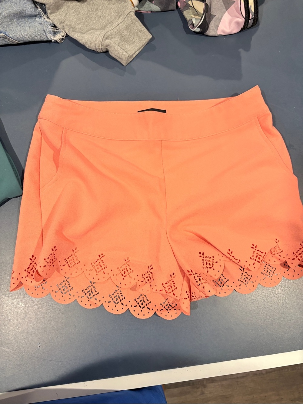 mine Coral Scalloped Laser-Cut Hem Shorts